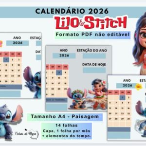 Arquivo Calendário Stitch e Lilo (2026) - Paisagem - Collab com Coisas de Myca